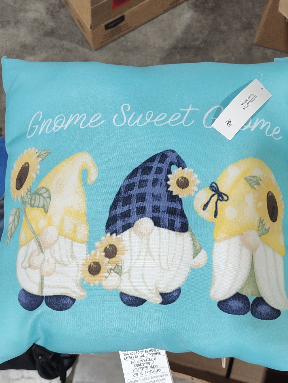 Gnome Sweet Home Decorative Throw Pillow - Aqua with Yellow & Navy Gnomes Nwt